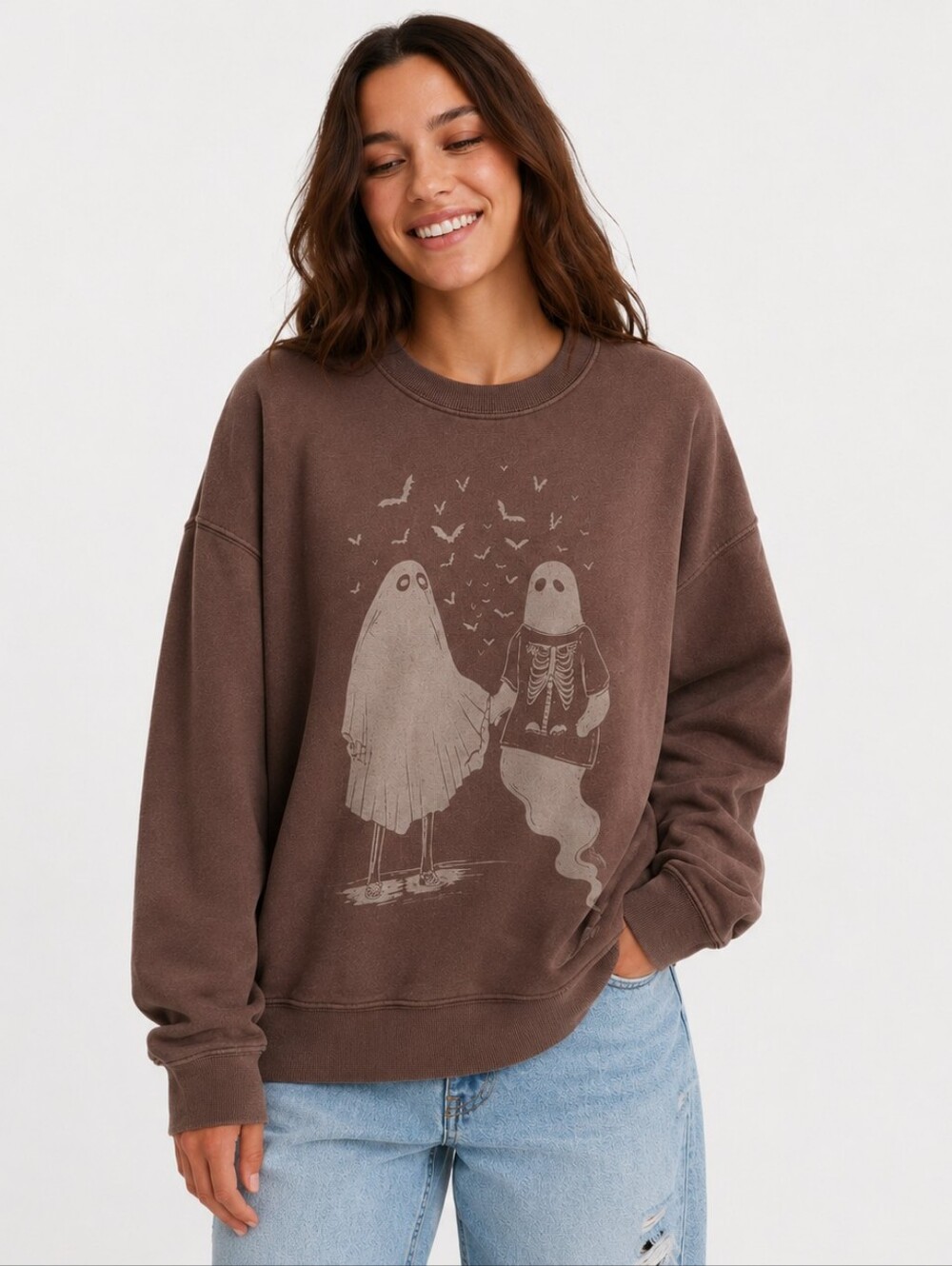 RESTOCKED! New! AE  Ghost Halloween Sweatshirt Brown Oversized Unisex Large